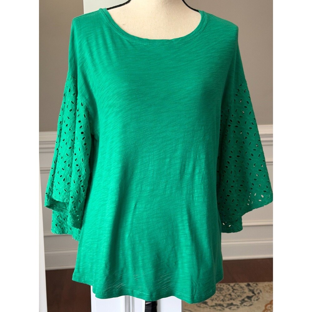 Melissa Paige T-Shirt w/Fan Shaped Eyelet Lace Sleeves Green Sz M